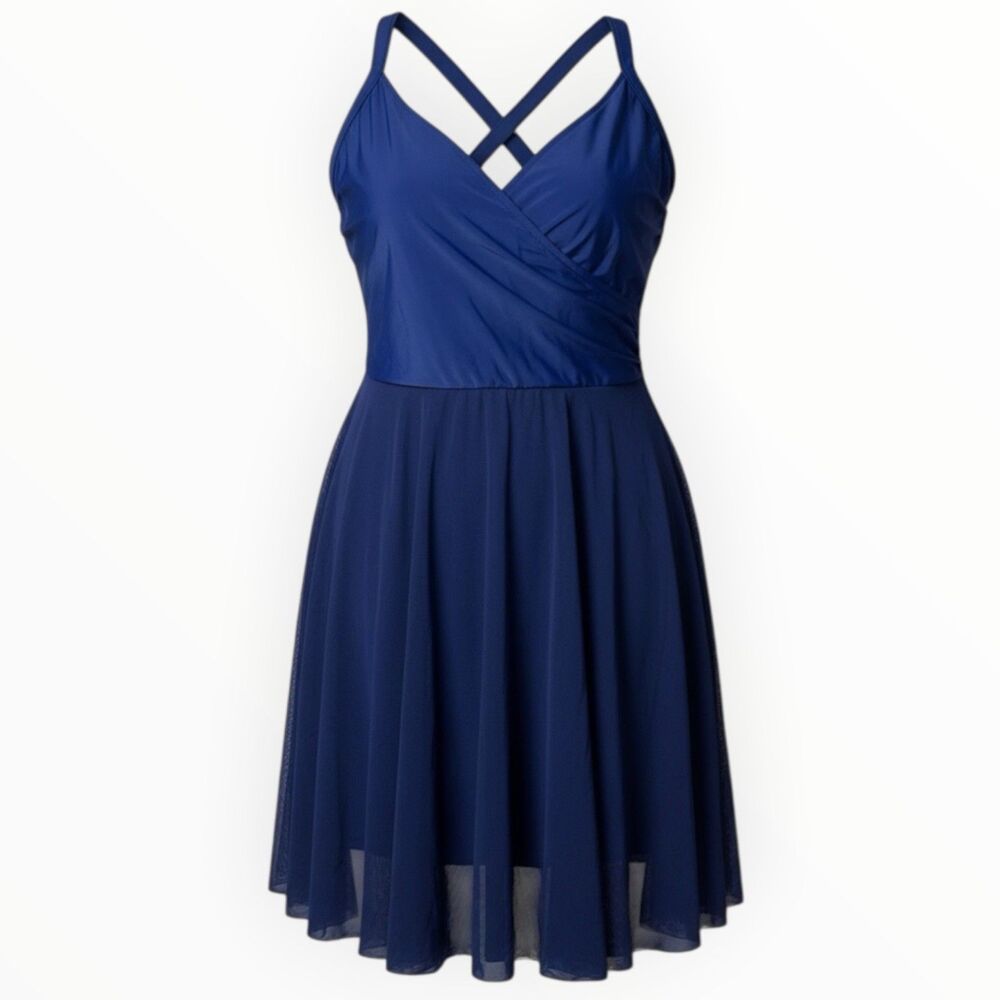 Carol Wior Navy Blue Mesh Overlay Crossback Swimdress Size 16 Modest Plus Knee